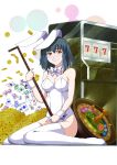  animal_ears black_hair bowtie breasts bunny_ears bunnysuit card cards cleavage coin fake_animal_ears falling_card highres original reon_(saikyou) roulette short_hair sitting slot_machine smile solo thigh-highs thighhighs wariza white_legwear white_thighhighs wrist_cuffs 