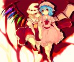  bat_wings blonde_hair bloomers blue_hair bobby_socks flandre_scarlet hat holding_hands mary_janes multiple_girls muted_color muted_colors mzyk ponytail red_eyes remilia_scarlet shoes short_hair siblings side_ponytail single_wing sisters socks touhou wings 