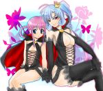  2girls arsene_(cosplay) blue_eyes blue_hair blush breasts butterfly cleavage cosplay crossed_legs elbow_gloves flat_chest flower gloves hand_holding henriette_mystere holding_hands large_breasts latex latex_dress latex_gloves legs_crossed maa_(29kuu) multiple_girls pink_hair purple_eyes sherlock_shellingford sitting tantei_opera_milky_holmes thigh-highs thighhighs twintails violet_eyes 