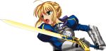 absurdres ahoge armor blonde_hair caliburn fate/stay_night fate_(series) green_eyes hair_ribbon highres open_mouth oyu_no_kaori ribbon saber solo sword transparent_background type-moon weapon 
