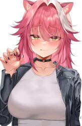  1girl :3 :q alternate_costume animal_ear_fluff animal_ears black_choker black_jacket blush breasts choker claw_pose closed_mouth collarbone collared_jacket commentary english_commentary eyebrows eyelashes hair_between_eyes hair_intakes highres hololive hololive_english huge_breasts jacket leather leather_jacket leon_decarabia long_hair looking_at_viewer multicolored_hair nail_polish o-ring o-ring_choker open_clothes open_jacket panther_ears panther_girl pink_hair purple_nails raora_panthera shirt signature simple_background smile solo streaked_hair tongue tongue_out two-tone_hair upper_body virtual_youtuber white_background white_hair white_shirt yellow_eyes 