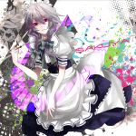  apron between_fingers bow braid colored_eyelashes eyelashes glaring glowing glowing_eyes grey_hair hair_bow highres izayoi_sakuya knife macco maid maid_headdress paint_splatter purple_eyes red_eyes short_hair silver_hair solo the_embodiment_of_scarlet_devil throwing_knife touhou twin_braids violet_eyes waist_apron weapon 