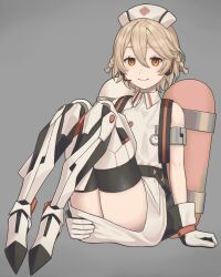  1girl black_gloves blonde_hair braid buttons closed_mouth collared_dress double-parted_bangs dress full_body gloves grey_background hair_between_eyes hat headset highres mechanical_legs nurse nurse_cap nurse_robot_type_t orange_eyes sadaharu_(nicoseiga645206) short_hair side_braids sitting sleeveless sleeveless_dress smile solo stopwatch tank_(container) two-tone_gloves utau white_dress white_gloves white_hat 