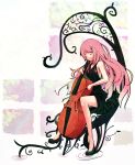  bad_id bow_(instrument) cello closed_eyes dress eyes_closed flower hair_flower hair_ornament highres instrument long_hair megurine_luka pink_hair sin_(artist) sitting smile solo vocaloid 