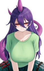  1girl :3 breasts eyebrows eyelashes green_shirt highres horns huge_breasts lizard_tail long_hair looking_at_viewer pink_horns pink_tail pointy_ears purple_hair red_eyes rh_thunderriver shirt single_horn sitting solo syringe t-shirt tail tenkajin_chiyari test_tube touhou white_background 