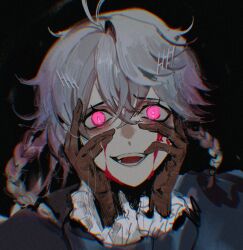  1boy black_background blood blood_on_face braid crazy_eyes crossed_bangs frilled_sleeves frills gloves glowing glowing_eyes hair_between_eyes hands_on_own_cheeks hands_on_own_face highres holostars holostars_english looking_at_viewer male_focus multiple_braids octavio open_mouth pink_eyes portrait screetuber side_braid smile teeth virtual_youtuber white_hair 