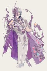  1boy absurdres bettel_2_(gavis_bettel) blue_hair bright_pupils cape crossed_arms extra_eyes flower glasses gradient_hair grey_pants grey_shirt highres holostars holostars_english horns male_focus multicolored_hair pants phantom_(gavis_bettel) pink_eyes pink_hair popped_collar screetuber shirt single_horn sleeves_rolled_up smile solo striped_cape symbiote tentacles vest virtual_youtuber white_background white_hair 