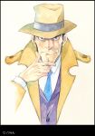  chin_rest fedora formal hat lupin_iii male necktie police sideburns smile suit trench_coat trenchcoat zenigata_kouichi 