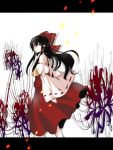  ascot black_hair bow detached_sleeve detached_sleeves flower hair_bow hakurei_reimu higanbana long_hair miko petals red_eyes solo spider_lily toudou_(dolce) touhou 