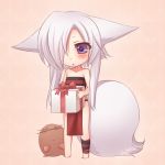  bare_shoulders barefoot blush chibi fox_ears fox_tail gift hair_over_one_eye holding holding_gift kituneno-lullaby konshin long_hair mole_(animal) open_mouth original purple_eyes signature simple_background solo tail violet_eyes whiskers white_hair 