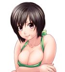  :t breast_squeeze breasts brown_eyes cleavage large_breasts morisato_yuuji original pout short_hair solo 