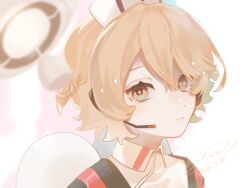  1girl 2024 artist_name blonde_hair blurry blurry_foreground braid closed_mouth dated double-parted_bangs drone hair_between_eyes hat hati_hati34 headset highres nurse nurse_cap nurse_robot_type_t orange_eyes short_hair side_braids signature solo tank_(container) upper_body utau wavy_eyes white_hat 