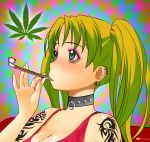  420chan choker drugs earrings green_hair jewelry marijuana photoshop pipe psychedelic smoking solo tattoo twintails 