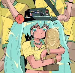 1girl 6+others aqua_hair bead_necklace beads black_hat bracelet brazilian_miku collarbone cropped_shirt crying earrings flower hair_flower hair_ornament hat hatsune_miku highres holding jewelry long_hair looking_at_viewer midriff multiple_others navel necklace psicochurroz red_flower shirt solo_focus tears twintails vocaloid world_cup yellow_shirt