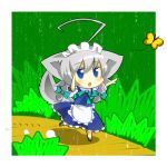  animal_ears arms_up bad_id blue_eyes blush braid butterfly byourou chasing chibi dog_ears dog_tail huge_ahoge inu_sakuya izayoi_sakuya maid maid_headdress silver_hair tail touhou twin_braids 