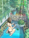  1girl barefoot blue_eyes brown_hair highres long_hair original plant sitting smile solo tree turtle water 