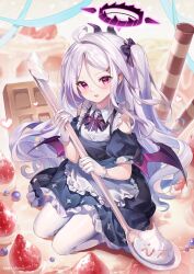  1girl absurdres bare_shoulders black_dress blue_archive cake_stand chocolate dot_nose dress guzangnanfeng halo highres hina_(blue_archive) holding holding_spoon kneeling light_blush long_hair looking_at_viewer maid mini_wings pantyhose parted_lips purple_hair purple_halo purple_wings solo spoon very_long_hair violet_eyes white_hair white_pantyhose wings 