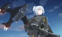  1girl absurdres armor assault_rifle blue_hair blue_sky blurry blurry_background cape from_below gun gunship helldiver_(helldivers) helldivers_(series) highres holding holding_gun holding_weapon laser_sight looking_afar military_vehicle pelican_(helldivers) ponytail r-63_diligence rifle sci_(31134306) sky solo vtol weapon yellow_eyes 
