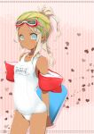  blonde_hair blue_eyes copyright_request dark_skin goggles inflatable_armbands inflatable_floaters kamakiri_(wol_low) kickboard one-piece_swimsuit school_swimsuit swimsuit white_school_swimsuit 