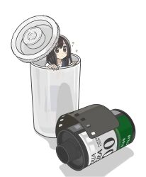  1girl black_eyes black_hair blue_sailor_collar blush_stickers film_canister film_strip highres in_container long_hair manmi original sailor_collar school_uniform serafuku solo 