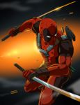  bullet deadpool dual_wielding gb_(doubleleaf) genmaipudding gun injury katana male marvel sword weapon 