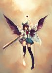  arm_cannon bad_id black_hair black_wings bow cape energy_ball hair_bow highres long_hair open_mouth red_eyes reiuji_utsuho smile solo thigh-highs thighhighs third_eye touhou traplus weapon wings 