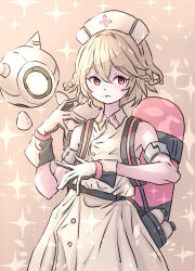  1girl bare_shoulders black_gloves blonde_hair braid buttons closed_mouth collared_dress double-parted_bangs dress drone frown gloves hair_between_eyes hat highres mamesan0031 nurse nurse_cap nurse_robot_type_t red_eyes short_hair side_braids sleeveless sleeveless_dress solo sparkle tank_(container) two-tone_gloves utau white_dress white_gloves white_hat 