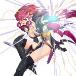  breasts doora fingerless_gloves gloves green_eyes kajiyama_hiroshi queen's_blade queen's_blade_spiral_chaos red_hair redhead simple_background solo thigh-highs thigh_boots thighhighs 