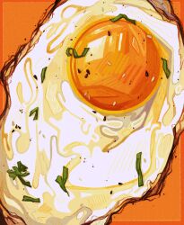  border breakfast close-up commentary egg egg_(food) egg_yolk english_commentary film_grain food food_focus fried_egg hatching_(texture) highres inset_border leaf linear_hatching monochrome no_humans orange_background orange_border orange_theme original parsley pepper_(spice) quezify sesame_seeds simple_background yellow_border 