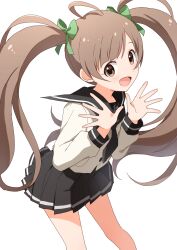  1girl absurdres ahoge black_neckerchief black_sailor_collar black_skirt blush bow breasts brown_eyes brown_hair buchi_(y0u0ri_) cowboy_shot dot_nose green_ribbon hair_bow hair_ribbon hakozaki_serika hands_up highres idolmaster idolmaster_million_live! idolmaster_million_live!_theater_days long_hair long_sleeves looking_at_viewer miniskirt neckerchief open_hands open_mouth pleated_skirt ribbon sailor_collar school_uniform shirt simple_background skirt small_breasts smile solo standing twintails very_long_hair white_background white_shirt 