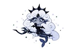  1girl :d black_gloves black_mermaid black_pearl_cookie cookie_run cookie_run:_kingdom cookie_run_kingdom laughing long_hair mermaid sword tagme tiara white_hair 