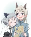  animal_ears blonde_hair blue_eyes blush brown_card card cat_ears closed_eyes e-n eila_ilmatar_juutilainen eyes_closed falling_card fox_ears holding holding_card long_hair military military_uniform multiple_girls necktie open_mouth sanya_v_litvyak short_hair silver_hair sleeping strike_witches surprised uniform wavy_mouth 