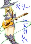  absurdres bare_shoulders belt blonde_hair boots braid breasts cosplay detached_sleeves dress electric_guitar guilty_gear guitar hat highres i-no i-no_(cosplay) instrument kirisame_marisa knee_boots legs mochi_suki smile solo thighs touhou translated witch witch_hat 