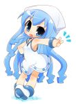  1girl blue_eyes blue_hair chibi dress hat ikamusume inuue_kiyu long_hair shinryaku!_ikamusume simple_background solo tentacle_hair v white_background 