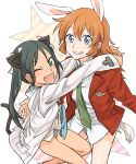  black_hair blue_eyes breasts bunny_ears cat_ears charlotte_e_yeager face fang francesca_lucchini green_eyes grin hand_on_back hands_on_shoulders long_hair military military_uniform open_mouth orange_hair panties peg smile star strike_witches striped striped_panties tail teeth twintails underwear uniform wink yuri 