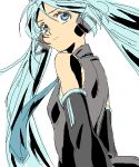  1girl arms_behind_back bare_shoulders blue_eyes blue_hair cowboy_shot detached_sleeves expressionless eyelashes graphite_(medium) grey_shirt hatsune_miku long_hair looking_back necktie orie shirt simple_background sleeveless sleeveless_shirt solo_focus traditional_media twintails upper_body very_long_hair vocaloid white_background 