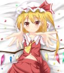  ascot bad_id blonde_hair blush efe face flandre_scarlet foreshortening hat lying navel on_back outstretched_arms ponytail reaching red_eyes side_ponytail skirt smile solo the_embodiment_of_scarlet_devil touhou wings 