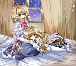  alice_margatroid bad_id bed blonde_hair blue_hair capelet curtains kirisame_marisa lap_pillow long_hair multiple_girls nanase_nao no_hat no_headwear short_hair sitting socks touhou window yellow_eyes yuri 