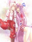  blush bow closed_eyes crescent crescent_moon eyes_closed fujiwara_no_mokou hair_bow hand_holding hat holding_hands long_hair multiple_girls patchouli_knowledge purple_hair ram_hachimin silver_hair smile suspenders touhou 