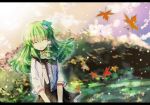  ^_^ alternate_costume autumn_leaves bondson casual closed_eyes contemporary eyes_closed frog green_hair hair_ornament kochiya_sanae leaf letterboxed long_hair nature open_mouth snake solo touhou 