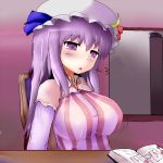  bad_id blush breast_expansion breasts crescent crescent_moon hat ikeruga large_breasts long_hair patchouli_knowledge purple_eyes purple_hair solo touhou violet_eyes 
