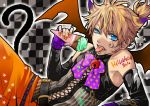  :p bat_wings blonde_hair blue_eyes bow cat_tail checkered costume detached_sleeves fingerless_gloves food gloves hakuseki halloween highres ice_cream kagamine_len male nail_polish ponytail solo tail tongue vocaloid wings 