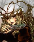  bad_id black_eyes blonde_hair blush cong1991 face fan folding_fan gap hands hat lips long_hair solo touhou yakumo_yukari 