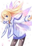  1girl blonde_hair blue_eyes choker coat collet_brunel gem leaning_forward long_hair open_mouth outstretched_arms pantyhose petals simple_background smile solo spread_arms tales_of_(series) tales_of_symphonia taletale white_background wind wings 