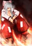  ankle_strap arm_strap bad_id bangs bow breasts cigarette cleavage fire fujiwara_no_mokou grey_hair hair_bow highres long_hair night no_bra open_clothes open_shirt outdoors pants parted_lips red_eyes shirt silver_hair sitting smoking solo straight_hair touhou very_long_hair wrist_straps yaoya_musuko 