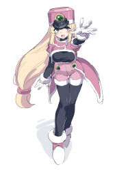  1girl black_bodysuit blonde_hair blue_eyes bodysuit breasts coat full_body hat highres huanxiang_huifeng large_breasts long_hair mega_man_(series) mega_man_zx pink_coat pink_hat pink_shorts prairie_(mega_man) shako_cap shorts simple_background solo white_background 