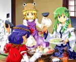  3girls food kochiya_sanae moriya_suwako multiple_girls tksymkw touhou tsurukou_(tksymkw) yasaka_kanako 