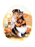  bed capcom chun-li collie collie_(dog) dog hair_bun highres petting puppy solo street_fighter 