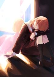  2girls absurdres aged_down back-to-back brown_dress closed_mouth commentary_request crossed_bangs dms dress dual_persona full_body hasu_no_sora_school_uniform highres hinoshita_kaho link!_like!_love_live! long_sleeves love_live! medium_dress medium_hair multiple_girls neckerchief on_floor orange_hair pleated_dress red_neckerchief sailor_collar sailor_dress school_uniform sitting smile split_mouth virtual_youtuber white_sailor_collar winter_uniform 