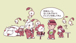  +_+ 2girls 3boys :o ? animal_collar asymmetrical_eyes backpack bag bandaid bandaid_on_head blush_stickers bottle buttons closed_mouth collar collin_(pikmin) commentary_request confused creature_on_head crossed_bandaids dark-skinned_female dark-skinned_male dark_skin dingo_(pikmin) dirty dirty_clothes dog drinking eyelashes flying forehead ghost_tail gloves glow_pikmin glowing glowing_eyes green_background hair_bun hand_on_own_chin hand_on_own_elbow hand_on_own_hip head_mirror head_tilt headband holding holding_bottle leaf multiple_boys multiple_girls no_headwear no_mouth oatchi_(pikmin) on_stool open_mouth parted_lips pikmin_(creature) pikmin_(series) pikmin_4 pointy_ears potsupo red_theme rescue_officer_(pikmin) shepherd_(pikmin) shoes short_hair simple_background single_hair_bun sitting smile solid_circle_eyes spacesuit speech_bubble spiky_hair standing sweat tongue tongue_out translation_request updo very_short_hair yonny_(pikmin) 